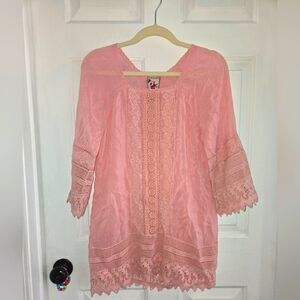 Johnny Was Crochet Light Pink 3/4 Sleeve XS Tunic Blouse